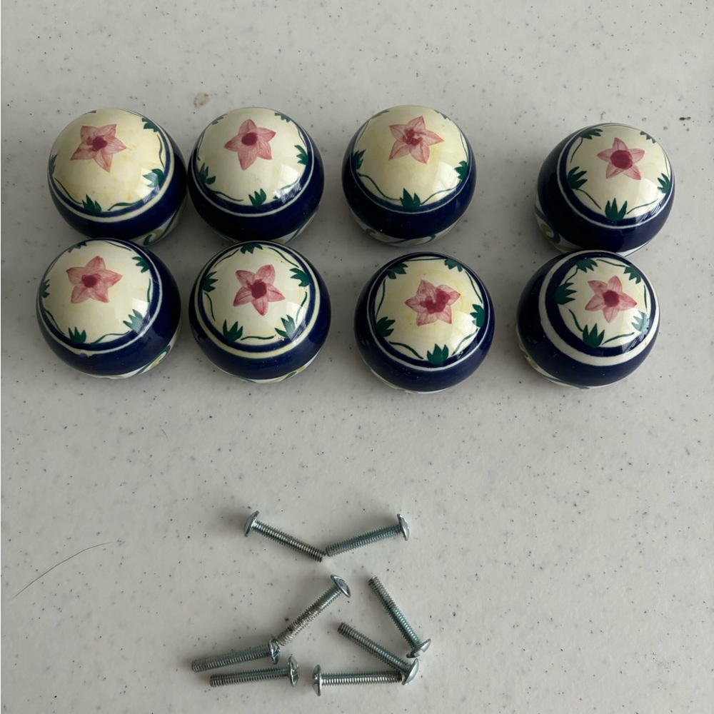Floral Blue and white Round shape Hand painted ceramic knob, drawer pull (8)